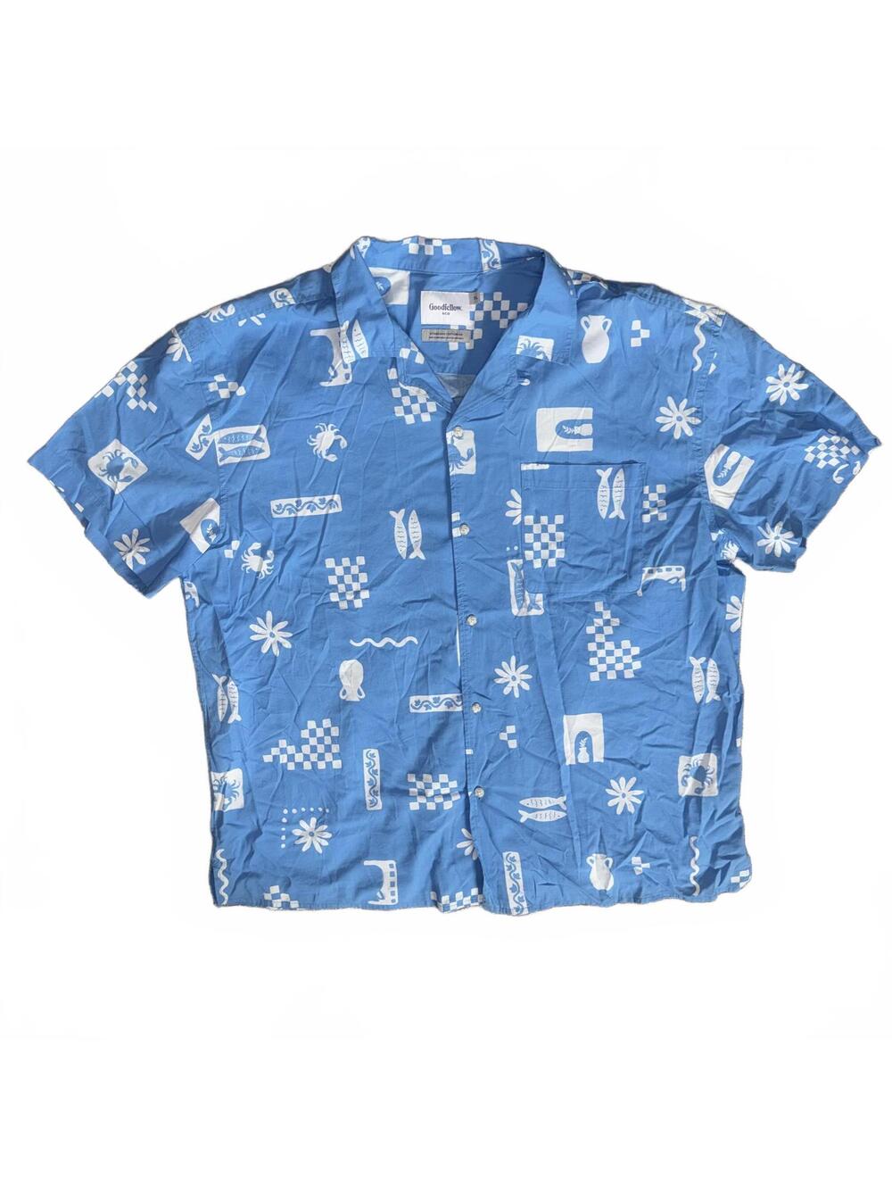 Men's Blue Retro Geometric Print Button Up Shirt Size XL NWOT Short Sleeve